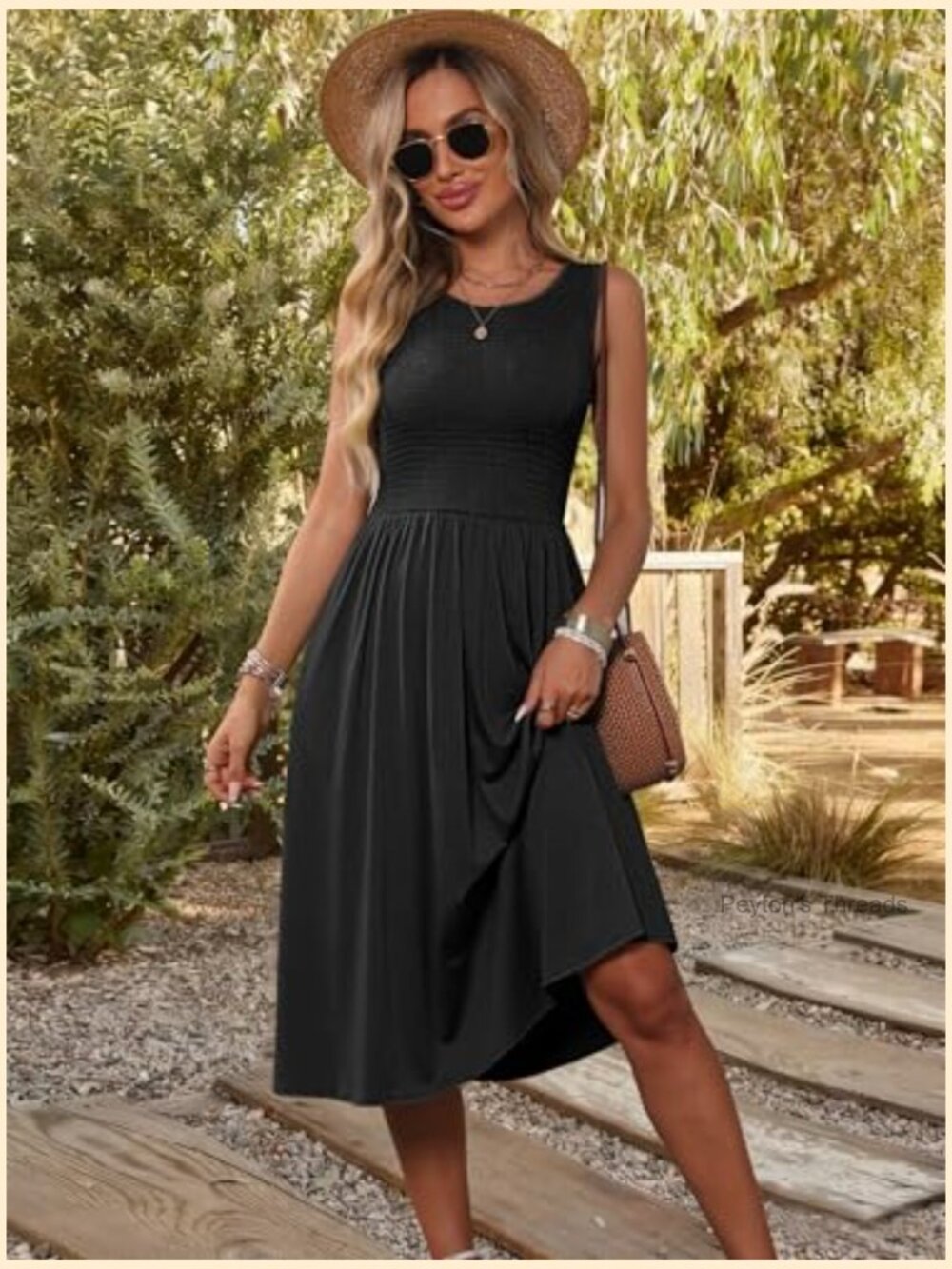 Sleeveless Smocked Elastic Waist Flowy Midi Dress with Pockets - Picture 5 of 7
